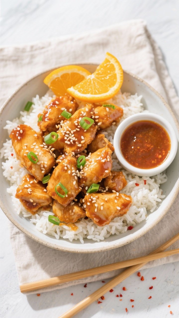 Tasty top view: Overhead shot of a wide bowl of finished Air Fryer Orange Chicken over steamed jasmi