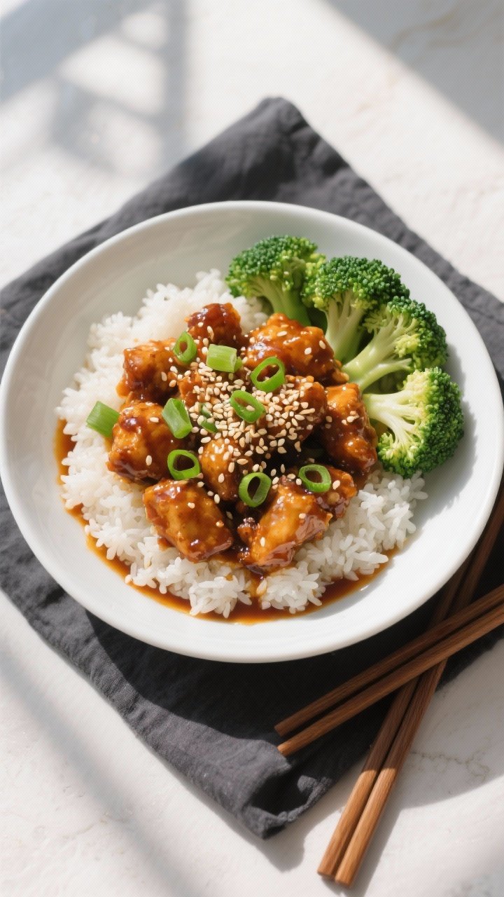 Tasty top view: Overhead shot of a wide bowl of General Tso’s chicken served over fluffy steamed j