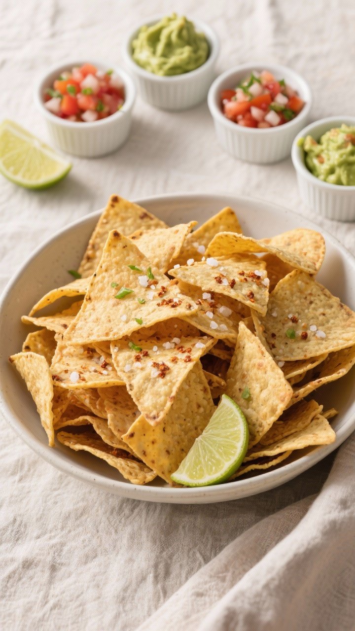 Tasty top view: Overhead shot of a wide, low bowl piled with zesty air-fried tortilla chips—varied