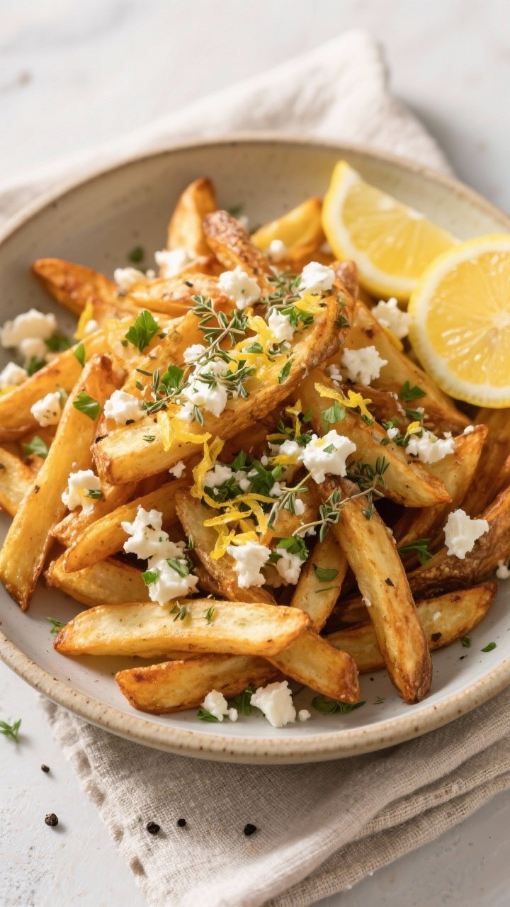 Tasty top view: Overhead shot of a wide, shallow bowl piled with air fryer fries, tossed with crumbl