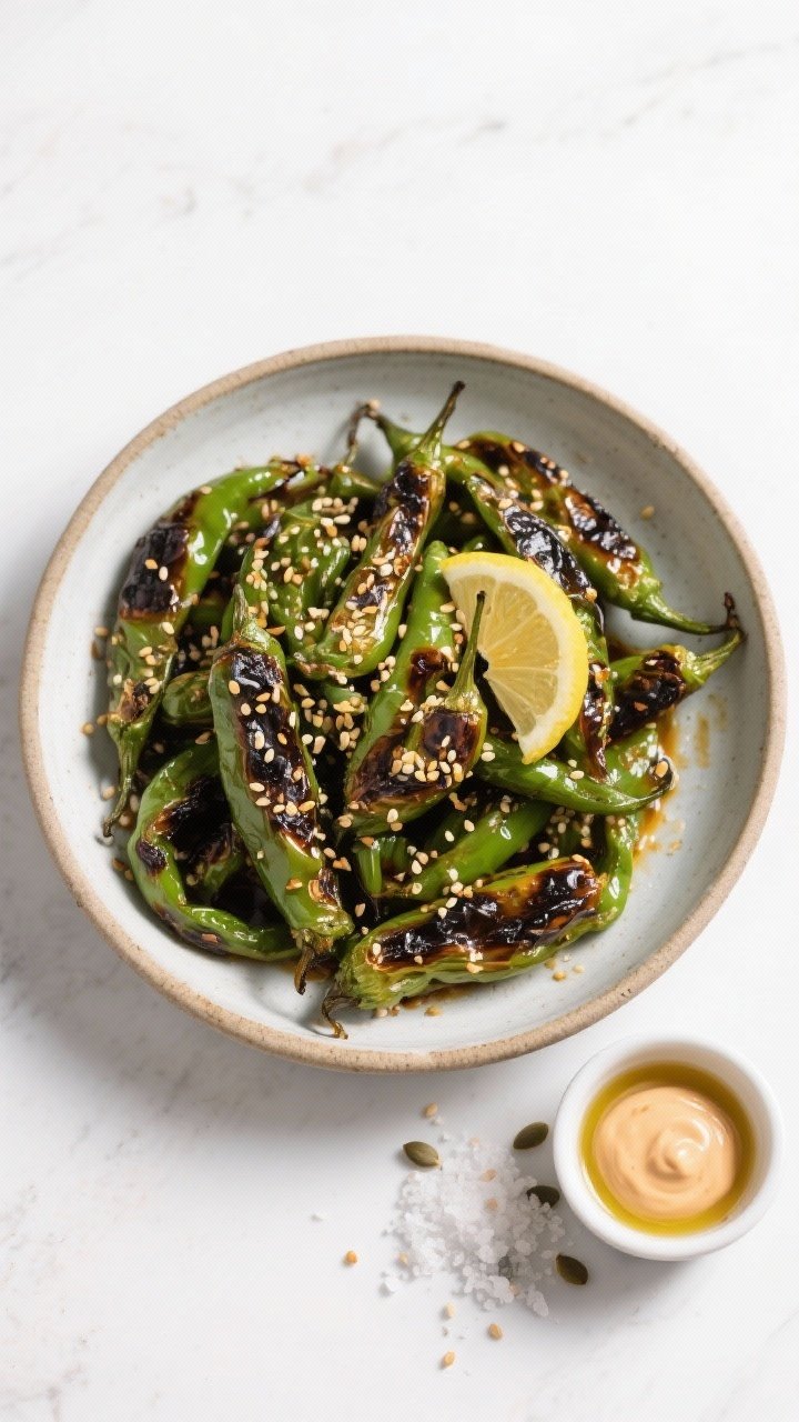 Tasty top view: Overhead shot of a wide, shallow ceramic bowl piled with blistered shishito peppers,