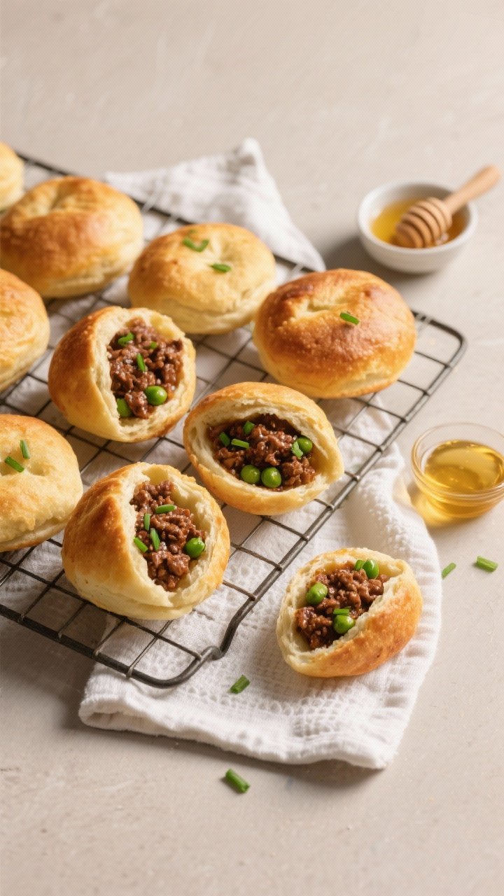 Tasty top view: Overhead shot of a wire rack holding several golden, puffed vetkoek resting under a