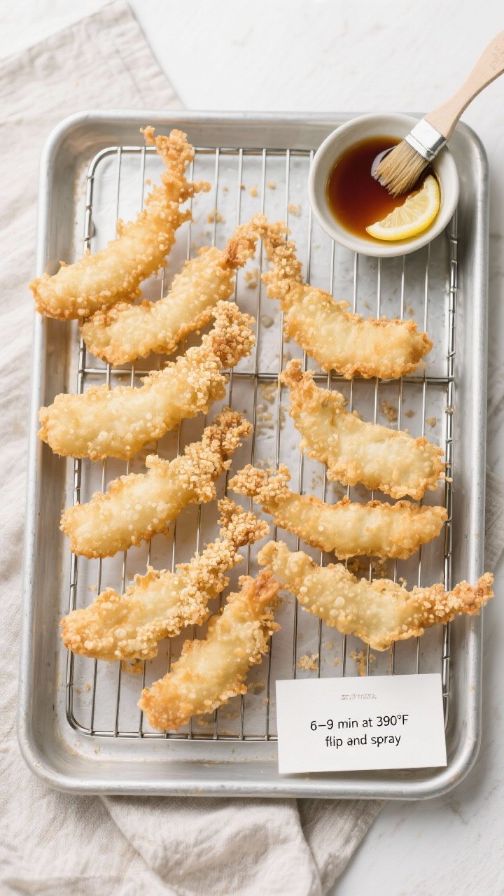 Tasty top view: Overhead shot of a wire rack set over a sheet pan holding batches of finished tempur