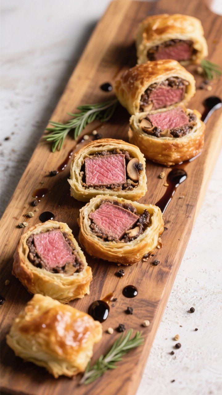 Tasty top view: Overhead shot of a wooden board with several Beef Wellington Bites sliced in half to
