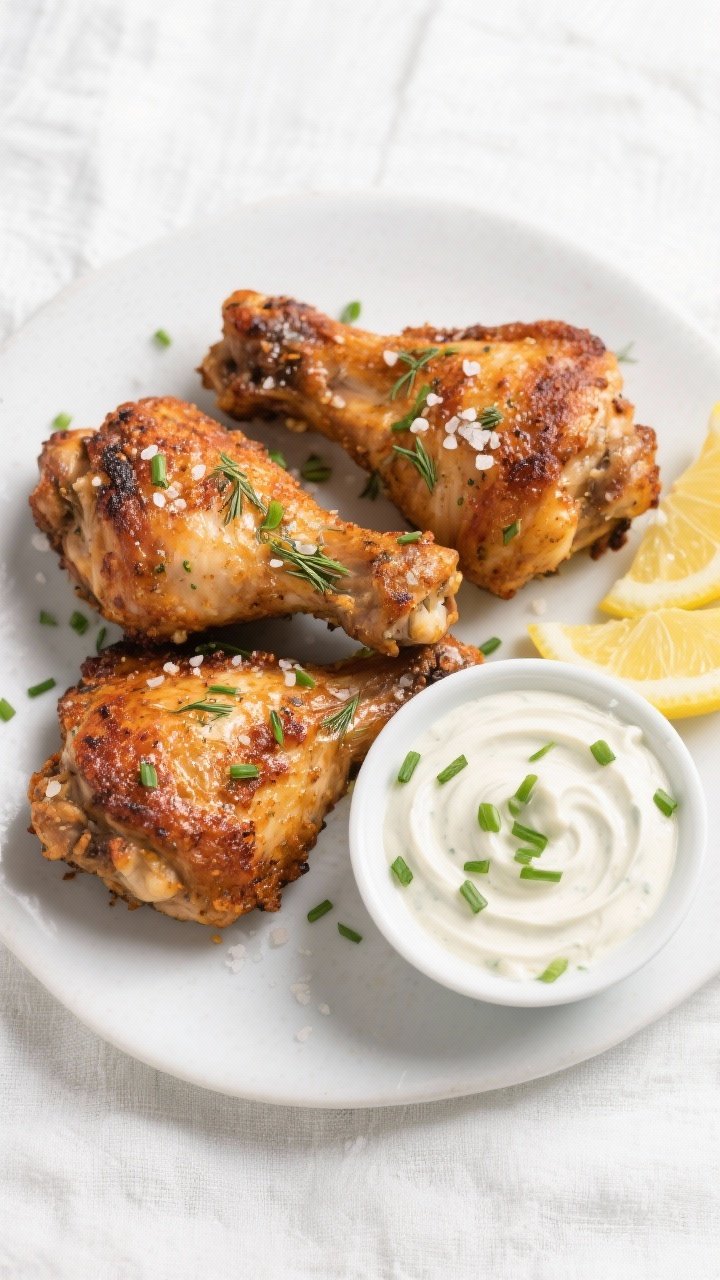 Tasty top view: Overhead shot of air-fried chicken thighs, deeply browned with an even, fine ranch c