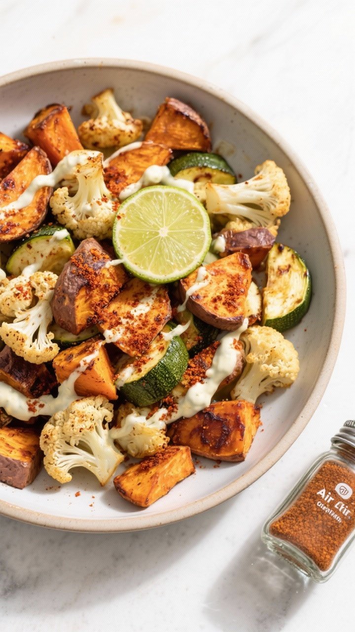 Tasty top view: Overhead shot of air-fried spiced vegetable medley—roasted sweet potatoes, caulifl