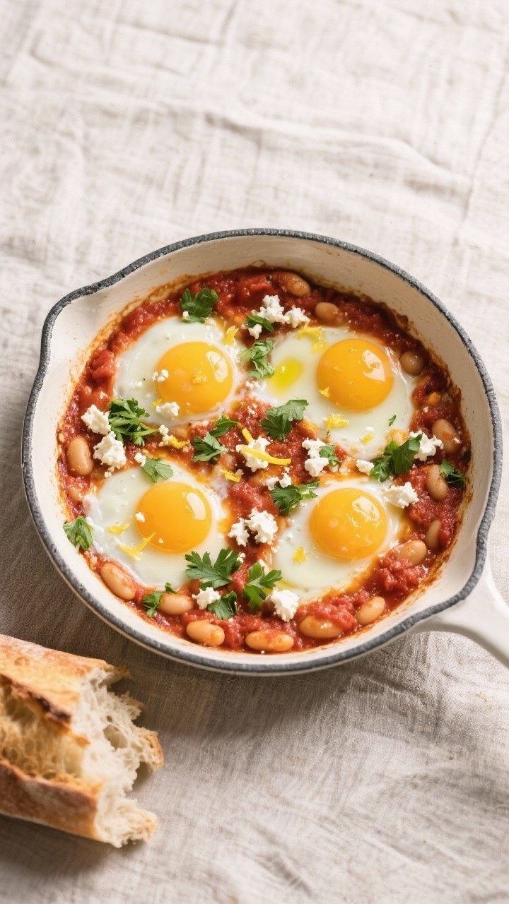 Tasty top view: Overhead shot of air-fried white bean shakshuka just after eggs are set—four jammy