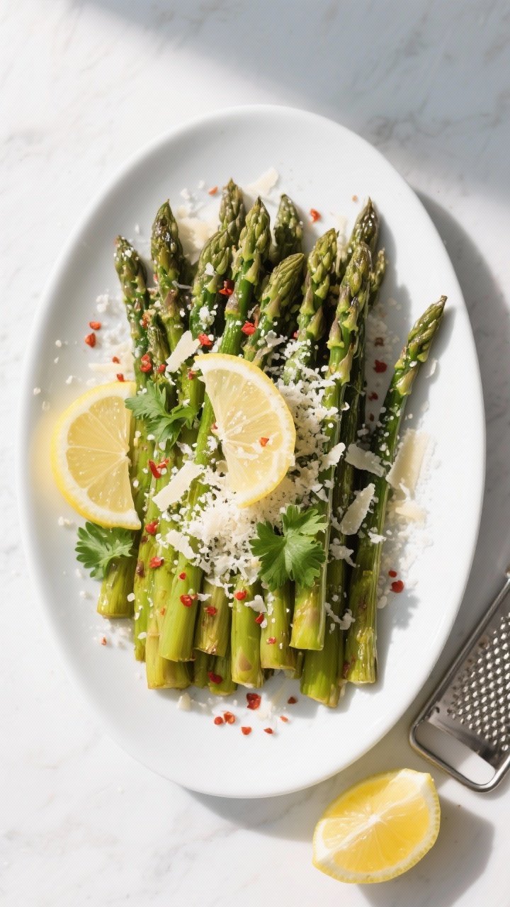 Tasty top view: Overhead shot of Air Fryer Asparagus with Parmesan piled onto a wide white platter, 