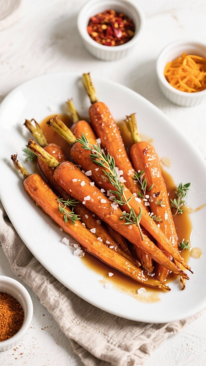 Tasty top view: Overhead shot of Air Fryer Maple Glazed Carrots arranged on a wide white ceramic pla
