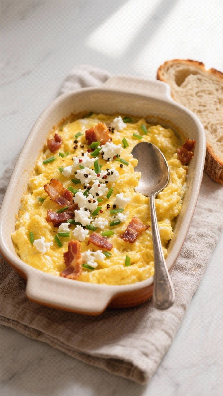 Tasty top view: Overhead shot of air fryer scrambled eggs just finished, custardy and softly set, to