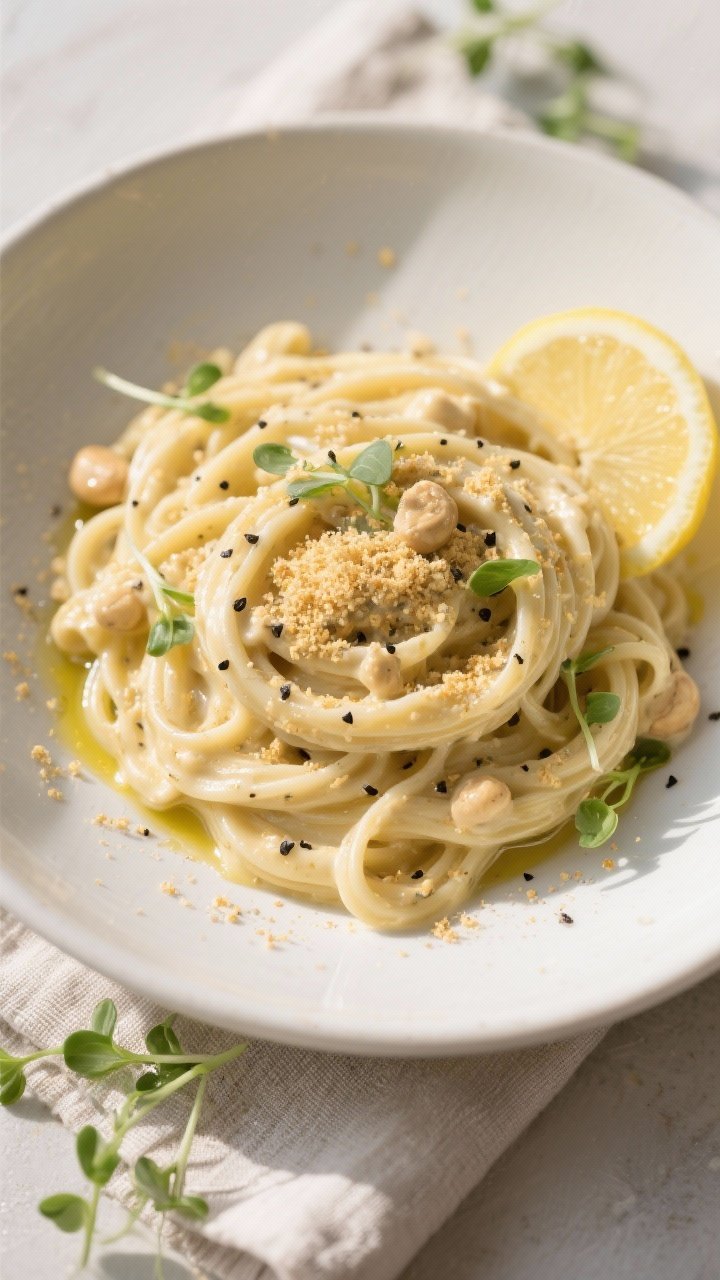 Tasty top view: Overhead shot of al dente pasta twirled and coated in the cashew cream “Peppercorn