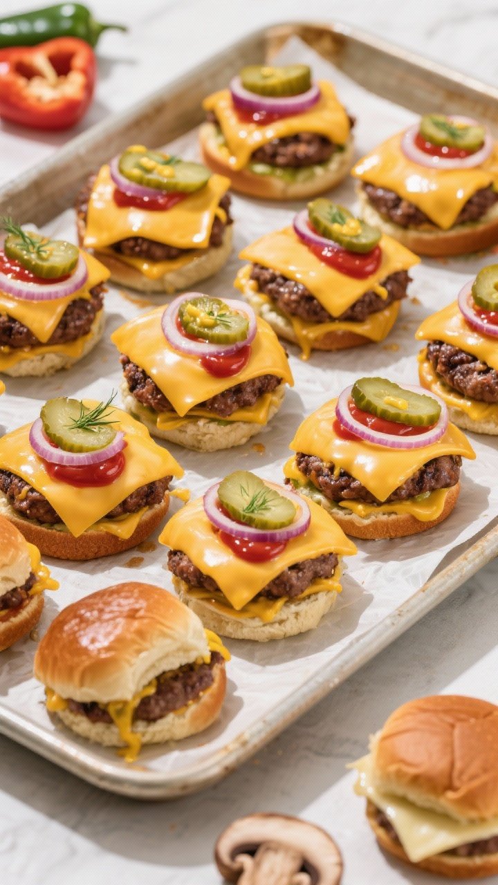 Tasty top view: Overhead shot of assembled air fryer cheeseburger sliders on a parchment-lined sheet