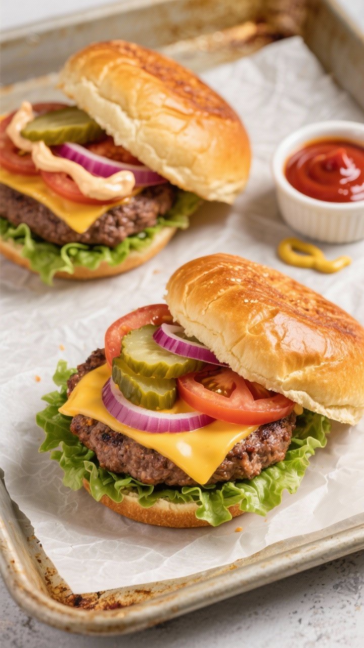 Tasty top view: Overhead shot of assembled air fryer bison burgers on toasted brioche buns, cheese f