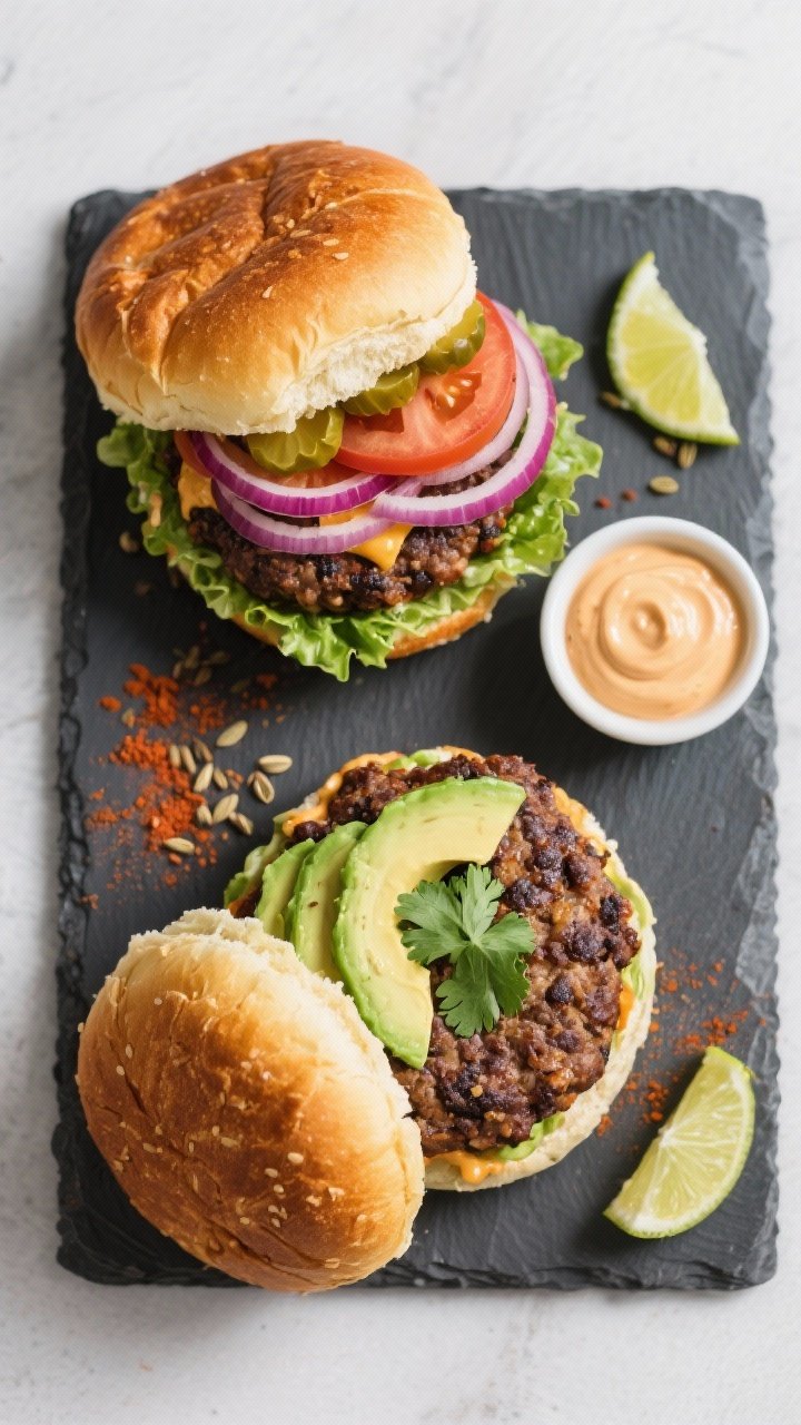 Tasty top view: Overhead shot of assembled black bean burgers on toasted buns, one classic and one S