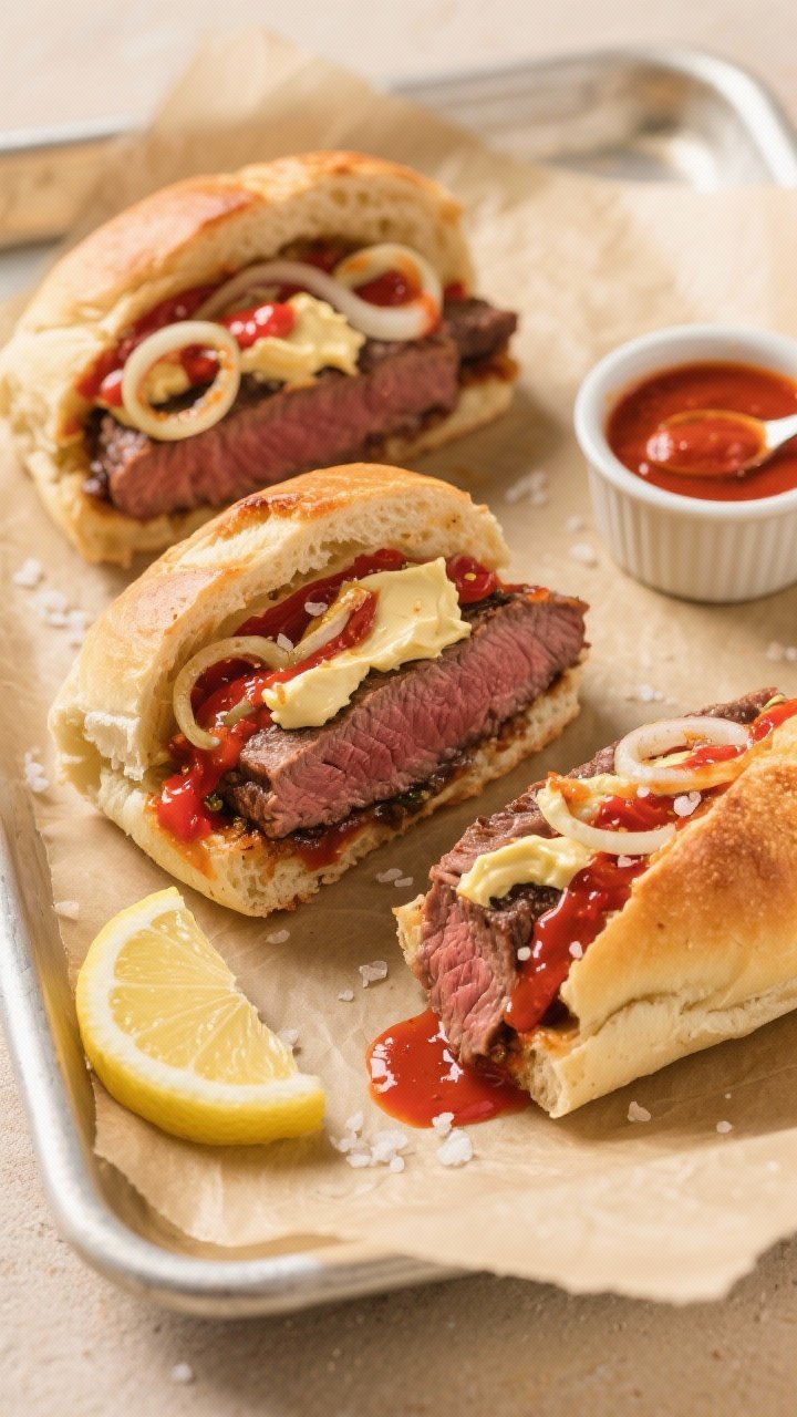 Tasty top view: Overhead shot of assembled Prego steak rolls on a parchment-lined sheet, cut-side up