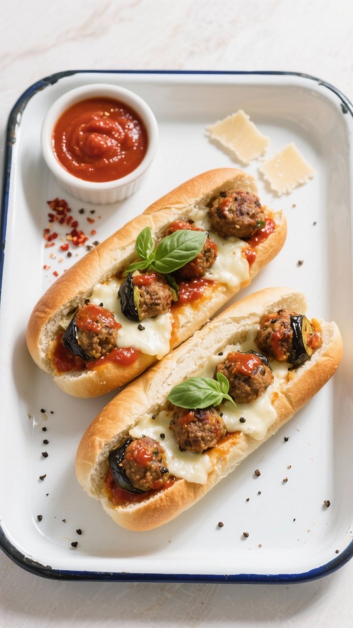 Tasty top view: Overhead shot of assembled subs—soft toasted hoagie rolls loaded with saucy eggpla