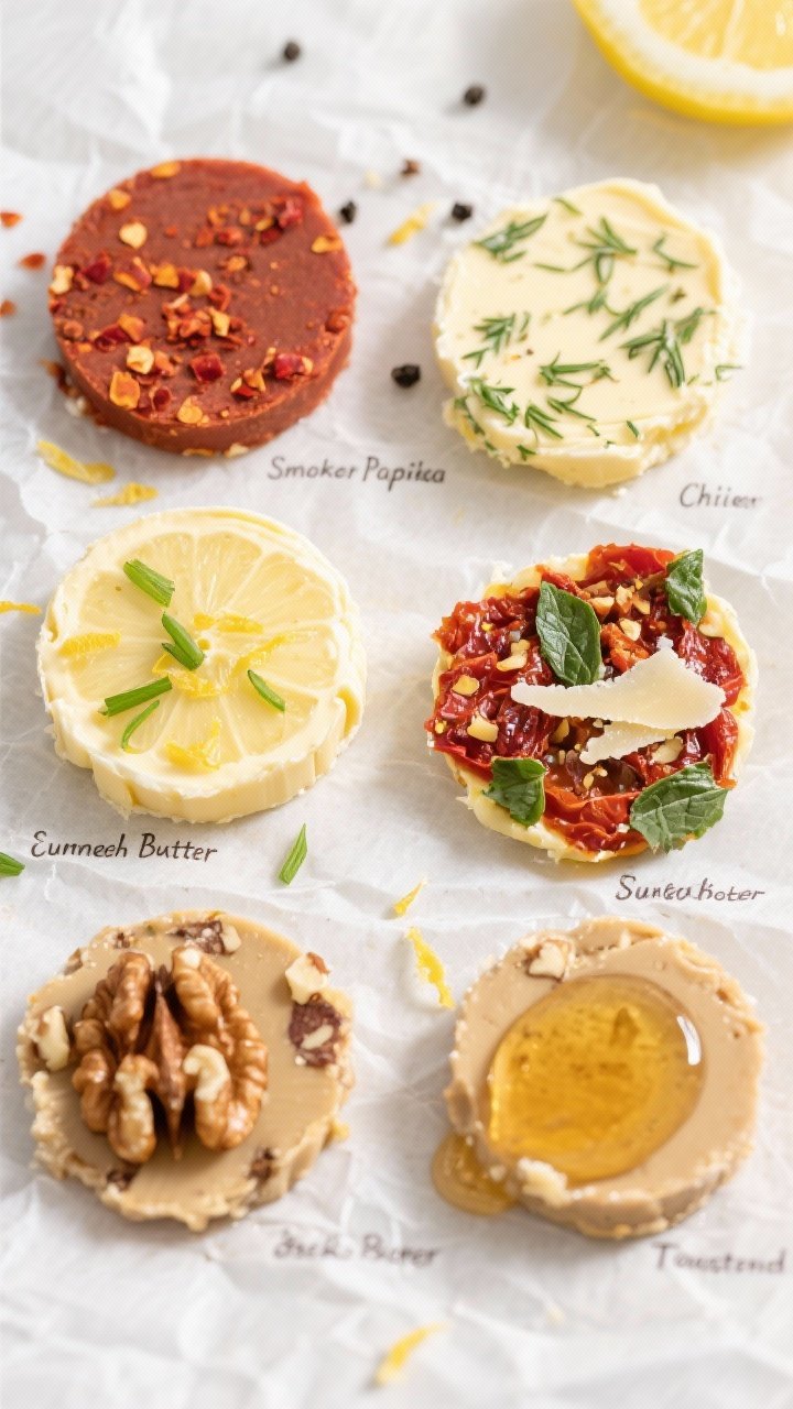 Tasty top view — Overhead shot of assorted compound butter coins on parchment: four labeled variet