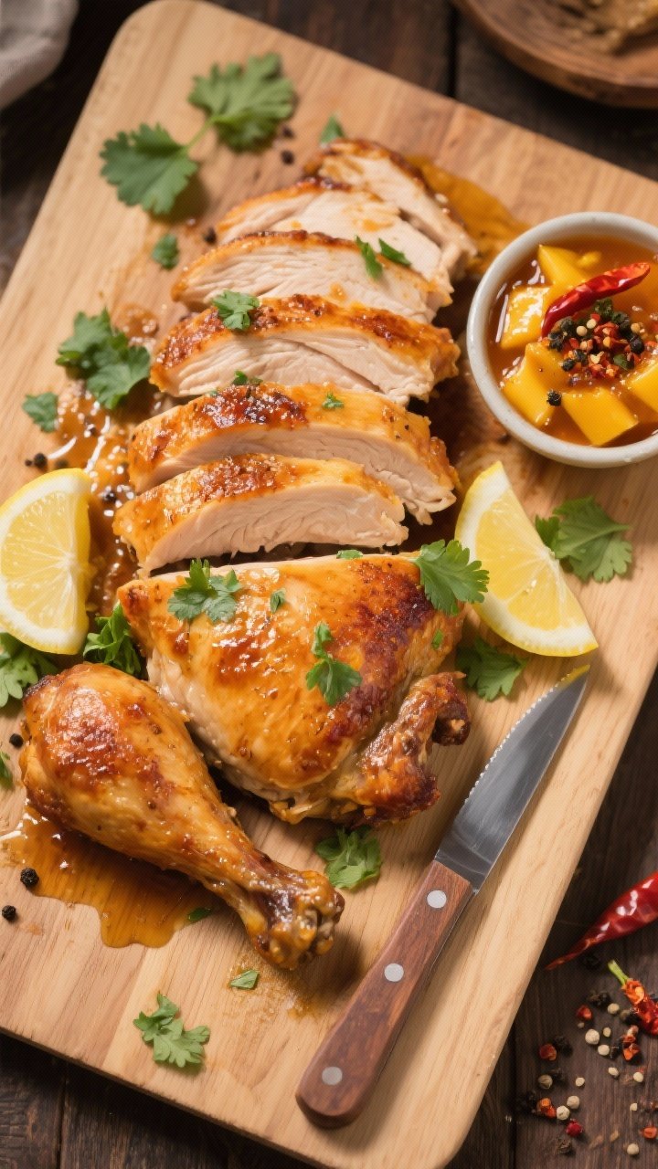 Tasty top view: Overhead shot of carved chutney roast chicken on a wooden board—juicy slices of br