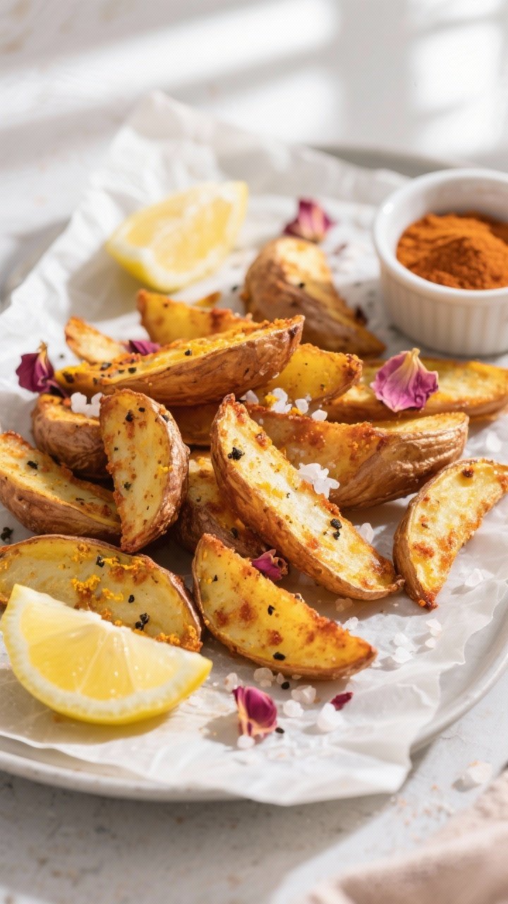 Tasty top view — Overhead shot of crispy air-fried potato wedges tossed with Ras el Hanout, coated