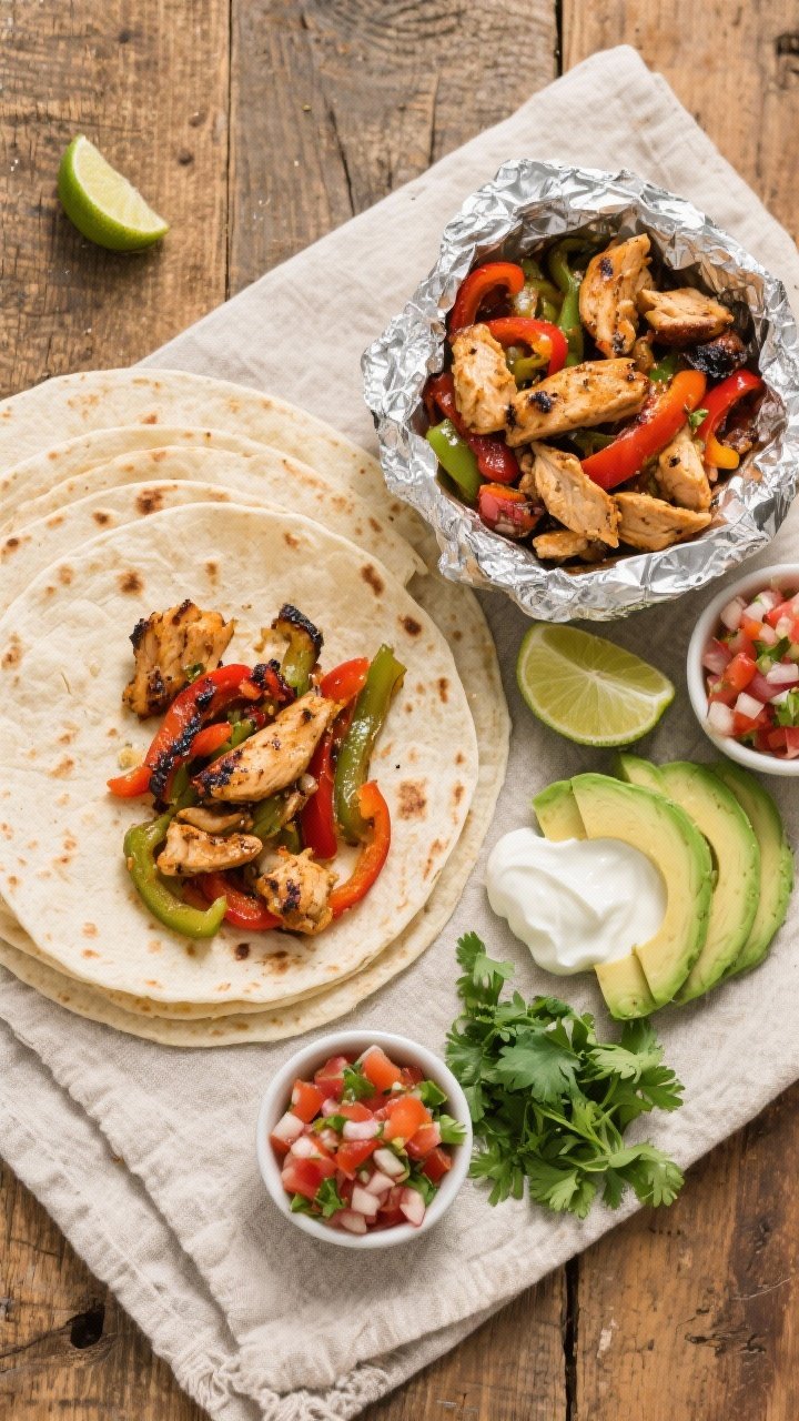 Tasty top view: Overhead shot of DIY chicken fajita spread—warm tortillas wrapped in foil partiall