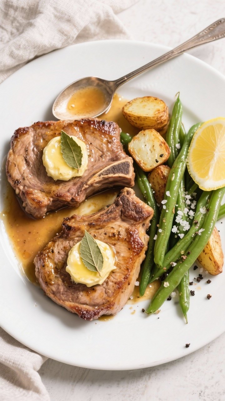 Tasty top view: Overhead shot of final plated air fryer pork chops on a matte white plate, each topp