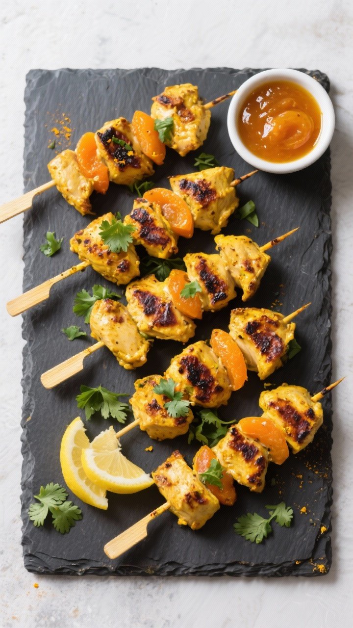 Tasty top view: Overhead shot of finished Air Fryer Curried Chicken Sosaties on a slate serving boar