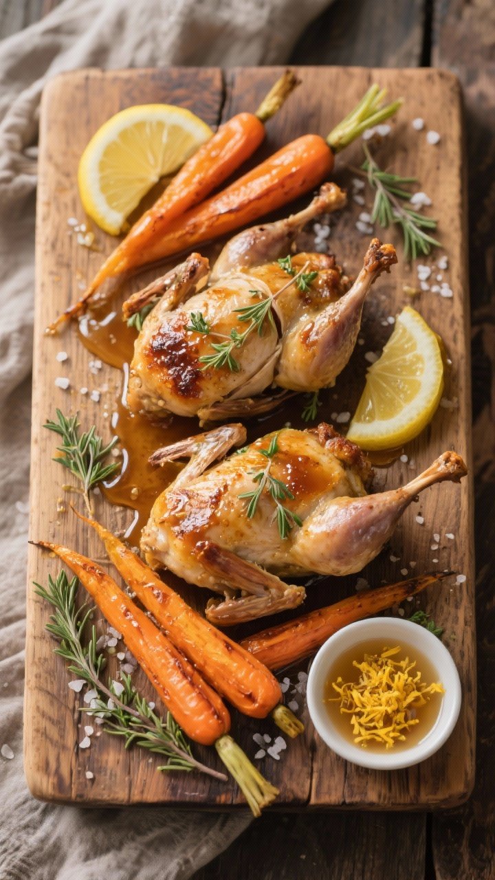 Tasty top view: Overhead shot of finished Air Fryer Quail with Honey and Thyme on a rustic wooden bo