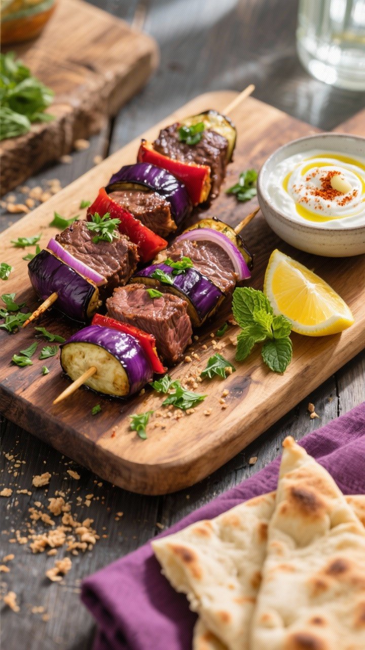 Tasty top view: Overhead shot of finished Air Fryer Steak and Brinjal Kebabs on a rustic wooden boar