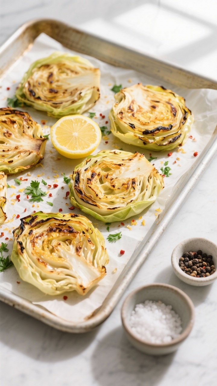 Tasty top view: Overhead shot of finished cabbage steaks on a parchment-lined sheet pan, edges crisp
