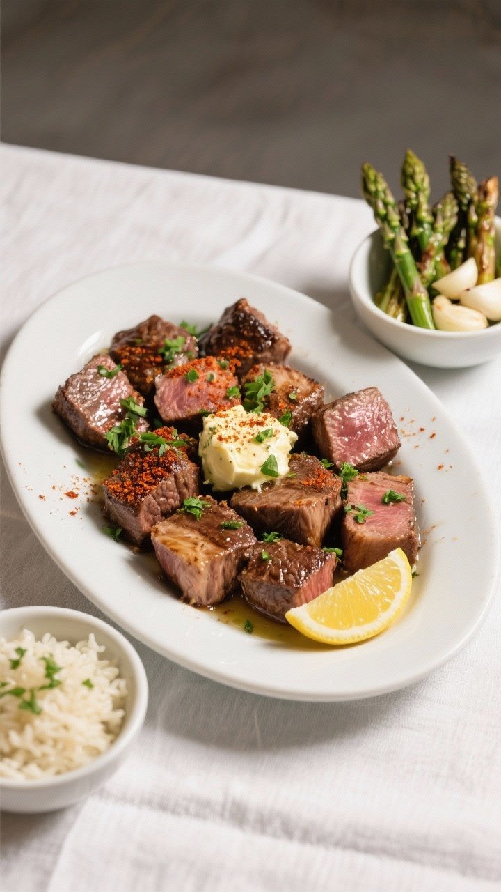 Tasty top-view: Overhead shot of finished garlic butter steak bites served family-style on a wide wh