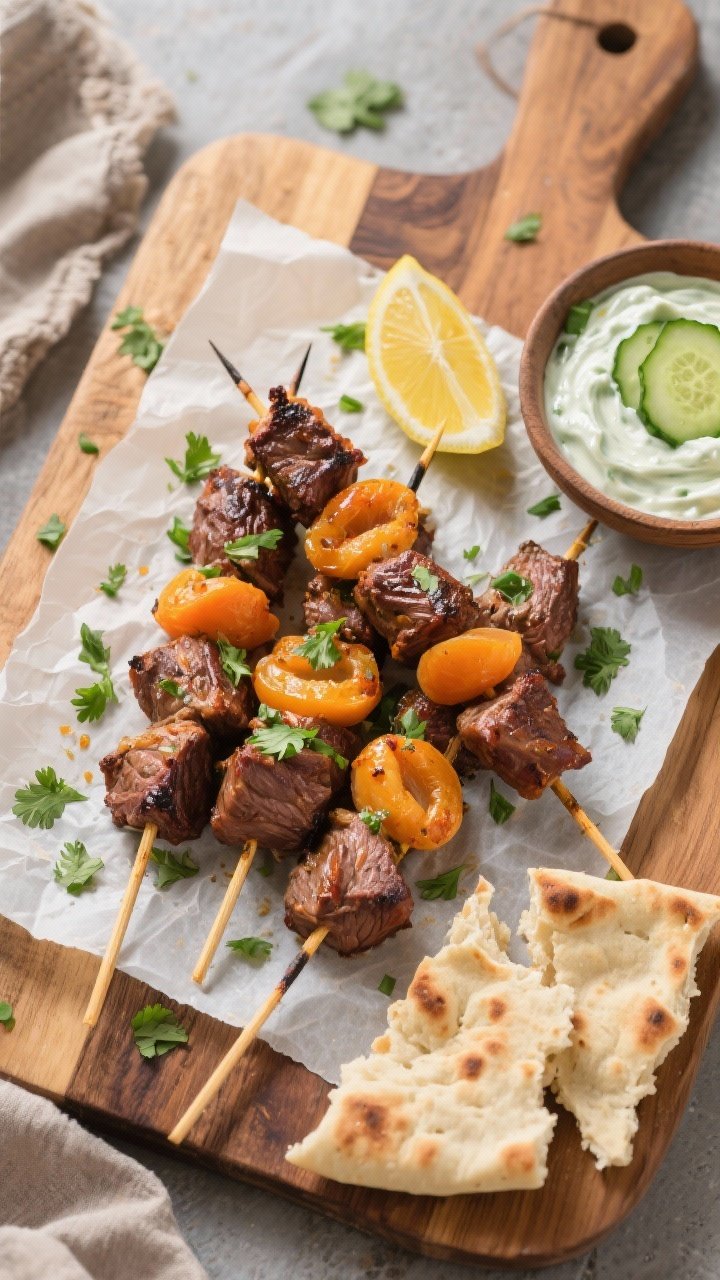 Tasty top view: Overhead shot of finished lamb sosaties arranged on a parchment-lined wooden board, 