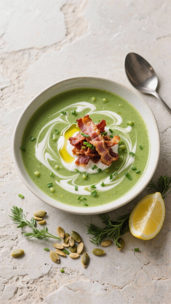 Tasty top view: Overhead shot of finished pea soup in a wide, flat bowl—vivid green surface topped