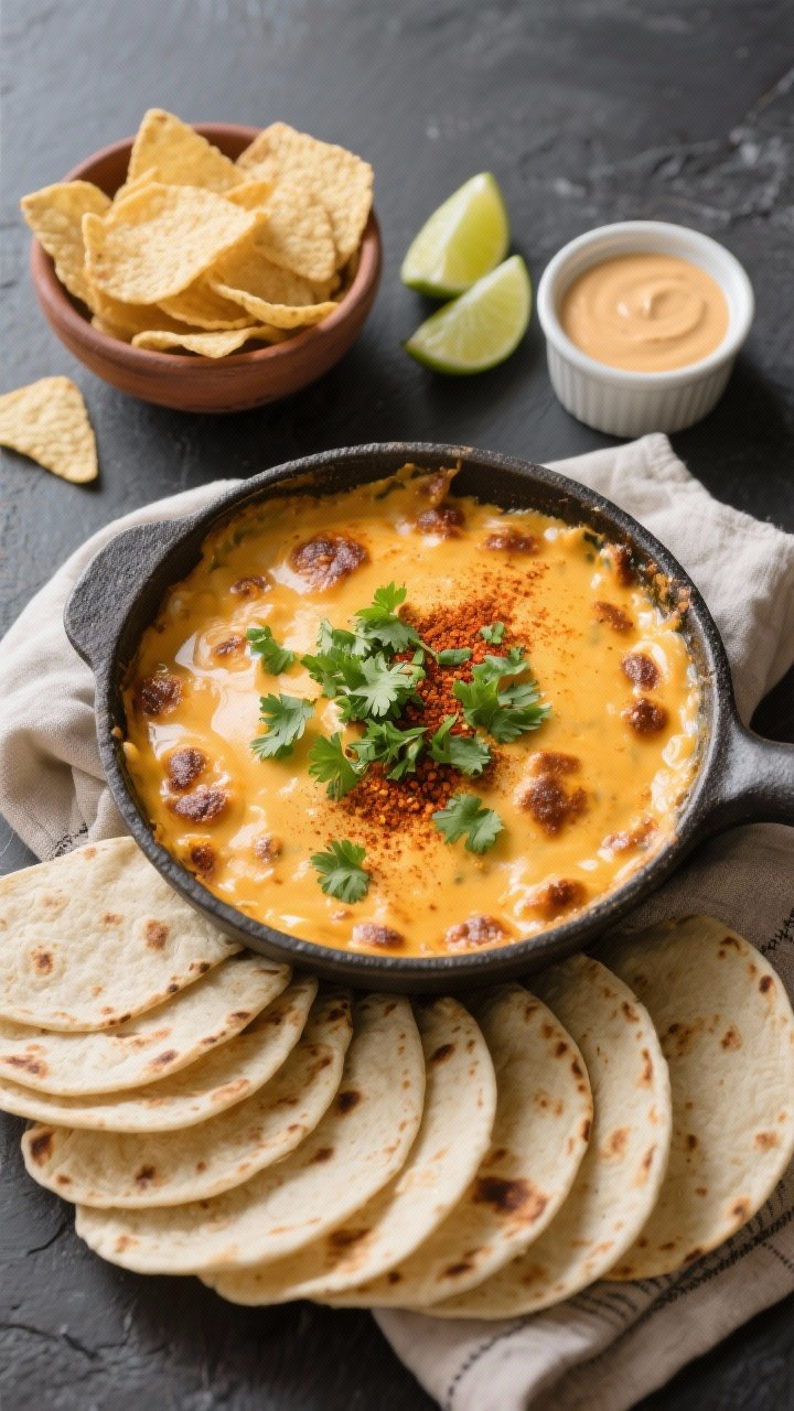 Tasty top view: Overhead shot of finished queso fundido served family-style, garnished with chopped 