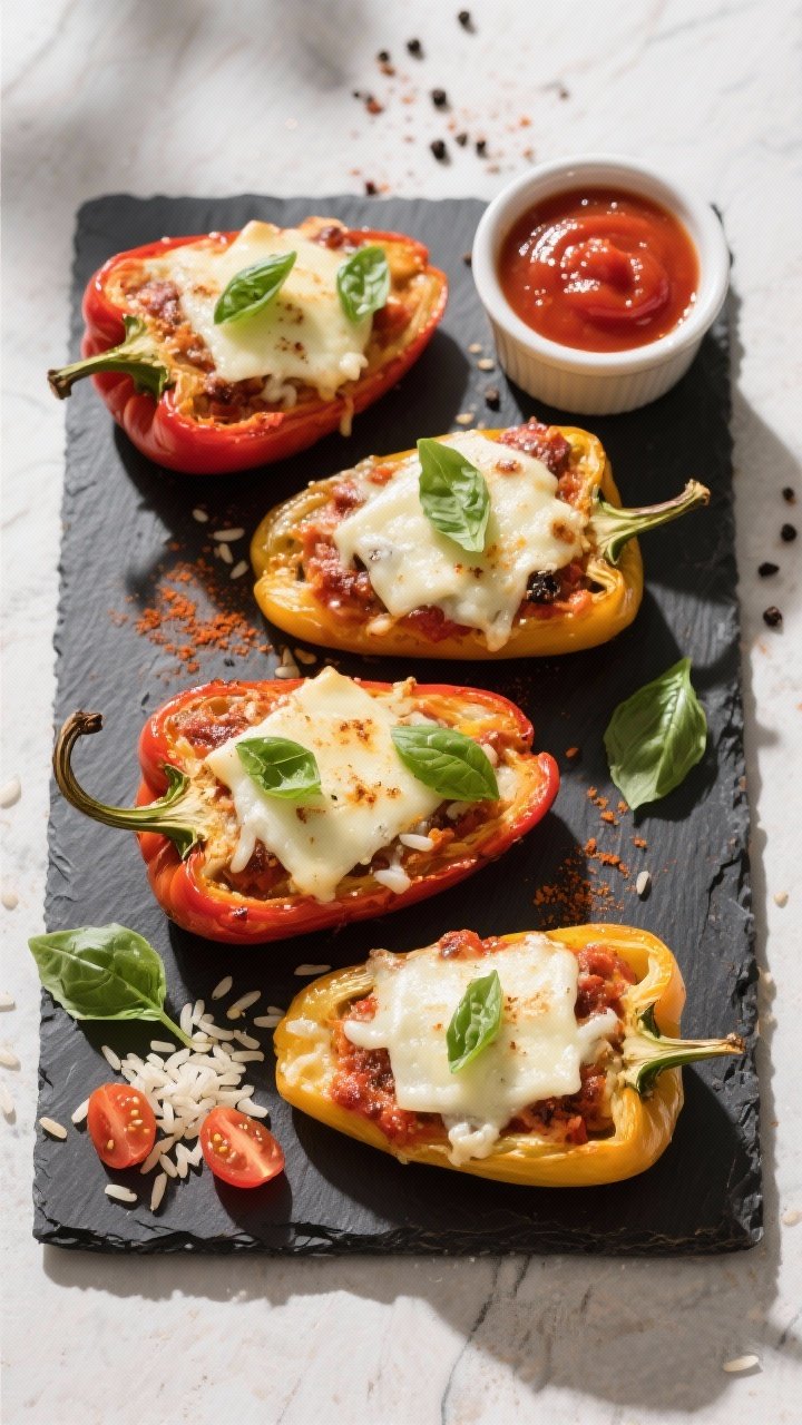 Tasty top view: Overhead shot of four finished air fryer stuffed peppers on a dark slate board, each