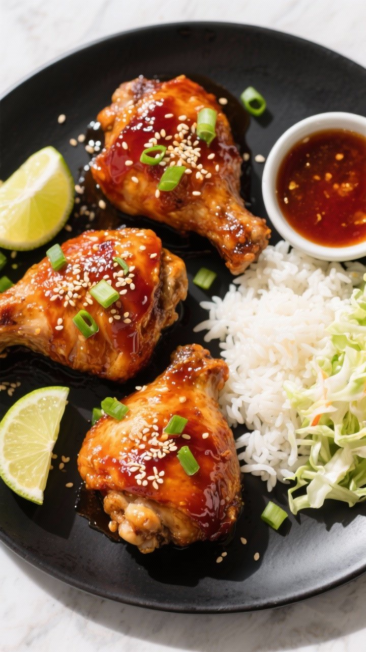 Tasty top view: Overhead shot of four glazed Honey Sriracha chicken thighs on a matte black platter,