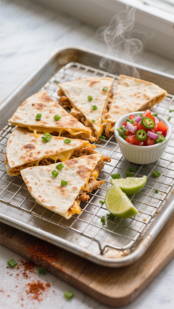 Tasty top view: Overhead shot of freshly air-fried chicken quesadilla cut into wedges on a wire rack
