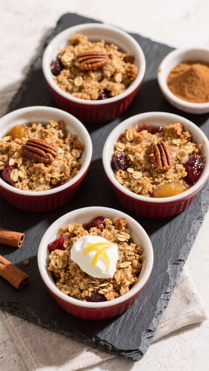 Tasty top view: Overhead shot of individual ramekins of crumble (4 portions) with evenly browned, cr
