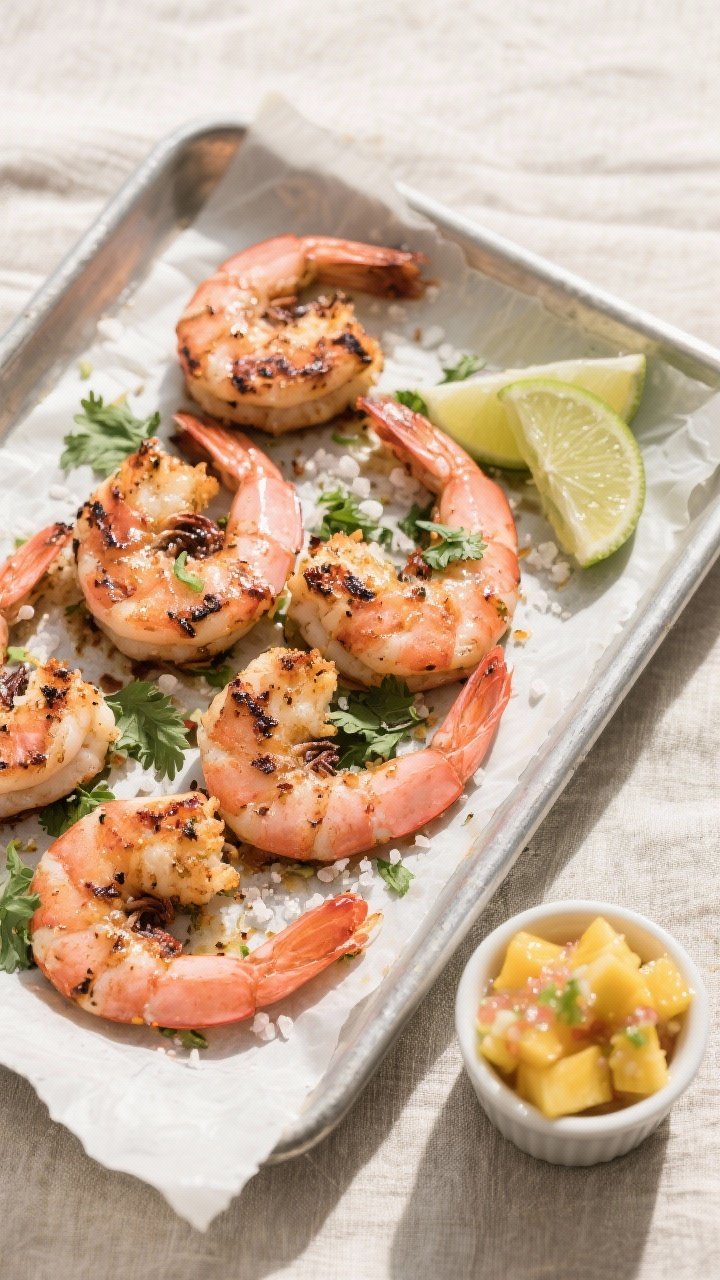 Tasty top view: Overhead shot of jerk shrimp cooked to a pink, firm curl, arranged on a parchment-li