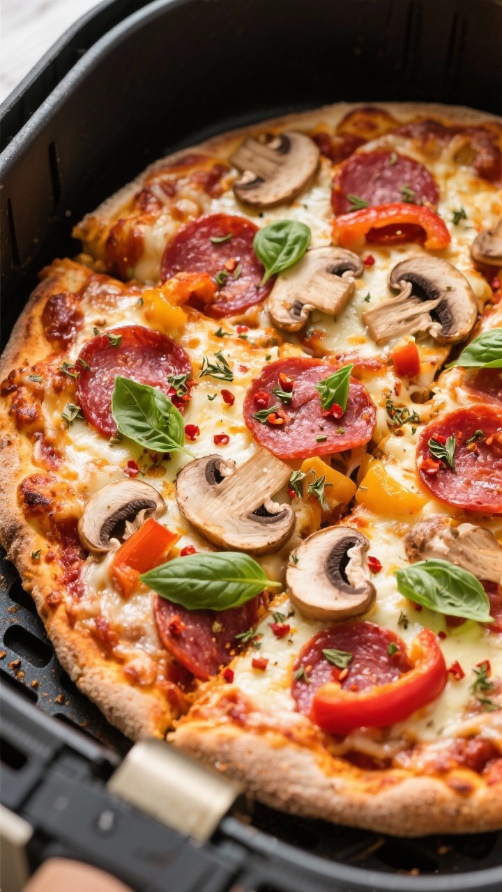 Tasty top view: Overhead shot of meatzza after final air fry—sauce in a thin ruby layer, melted mo