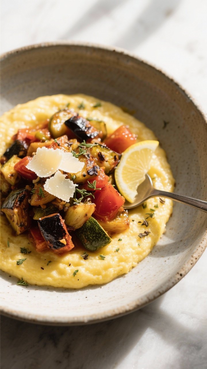 Tasty top view: Overhead shot of ratatouille spooned over creamy soft polenta in a stoneware bowl—
