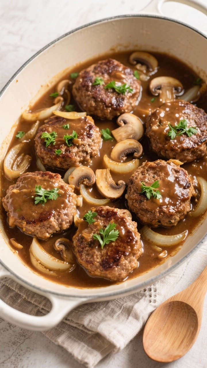 Tasty top view: Overhead shot of Salisbury steaks nestled in thick onion-mushroom gravy, parsley spr