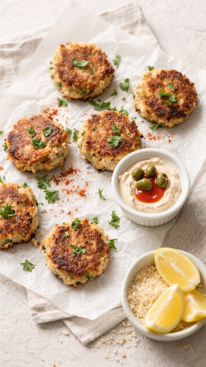 Top view: six crab cakes