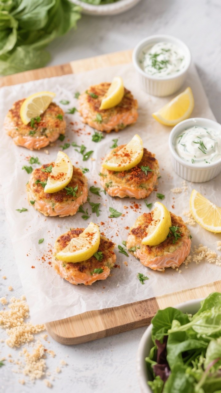 Tasty top view: Overhead shot of six salmon fishcakes on a parchment-lined board, each with a lemon