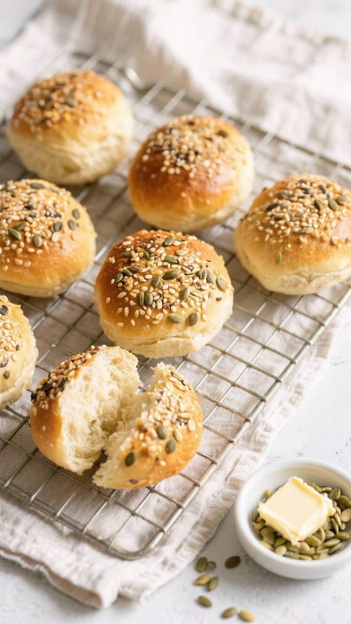 Tasty top view: overhead shot of six seed-topped buns cooling on a wire rack over a linen towel; var