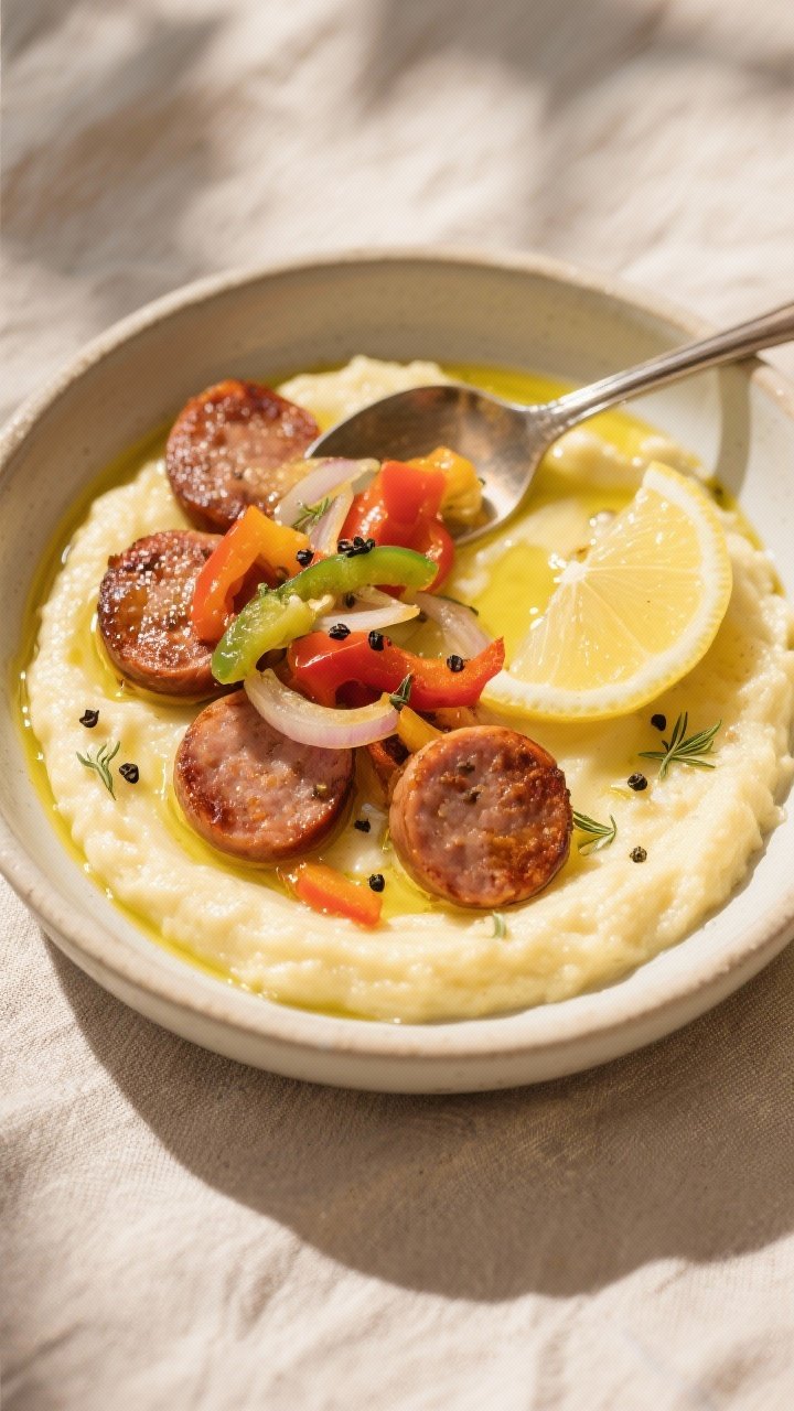 Tasty top view: Overhead shot of sliced air-fried Italian sausage coins over creamy polenta in a sha