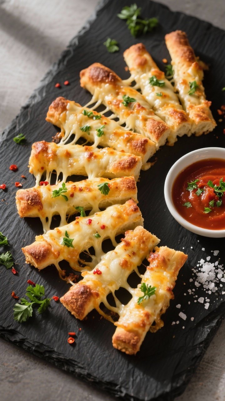 Tasty top view: Overhead shot of sliced air fryer cheesy breadsticks arranged in a fan on a dark sla