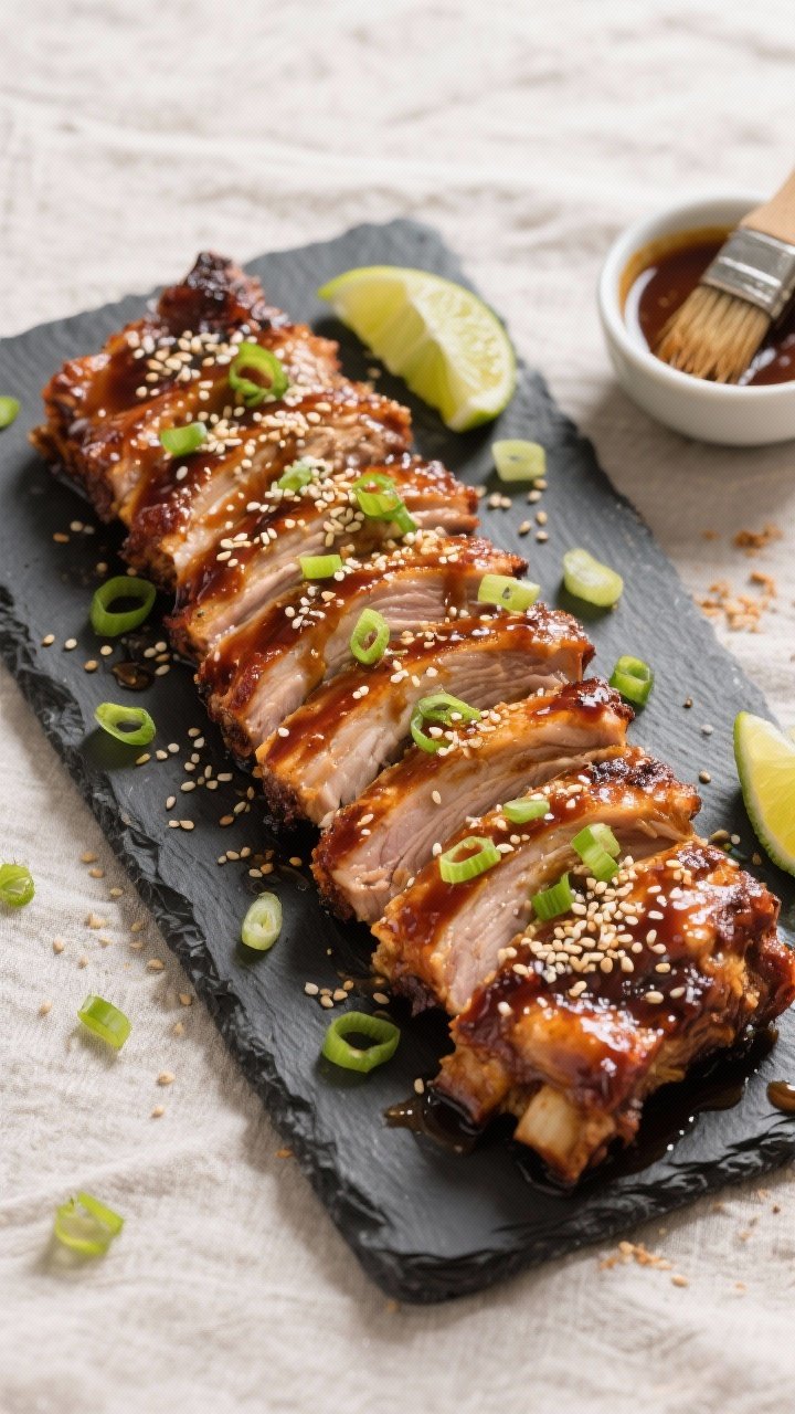 Tasty top view: Overhead shot of sliced air fryer pork ribs arranged in a tight shingled row on a ch