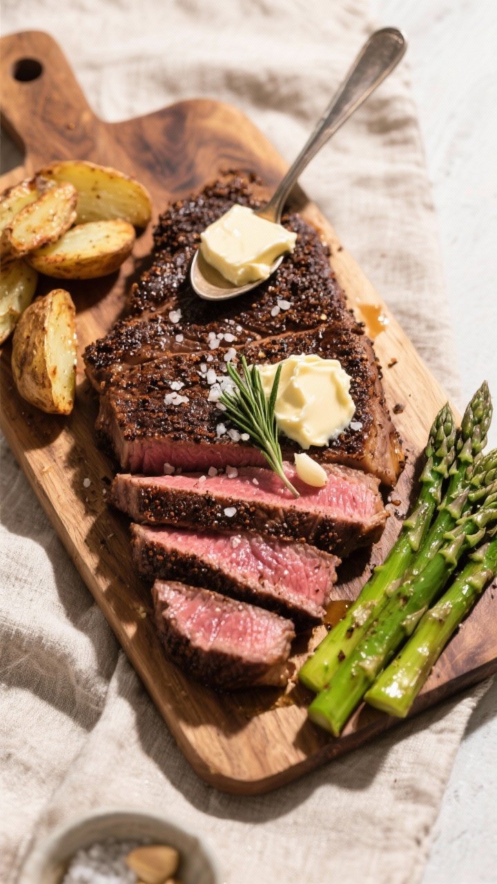 Tasty top view: Overhead shot of sliced coffee-rubbed New York strip fanned across a wood board, jui
