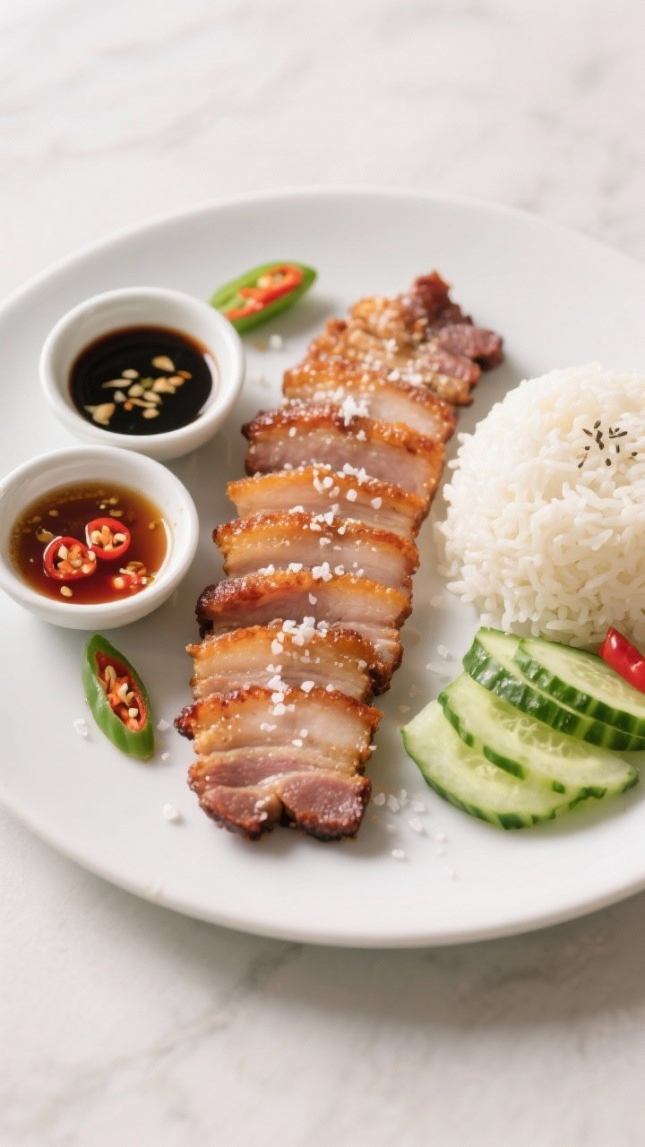 Tasty top view: Overhead shot of sliced crispy pork belly arranged in neat rows on a matte white pla