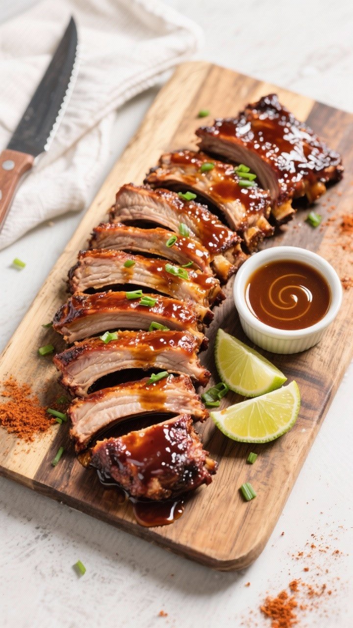 Tasty top view: Overhead shot of sliced ribs arranged in a tight fan on a rustic wooden board, lacqu